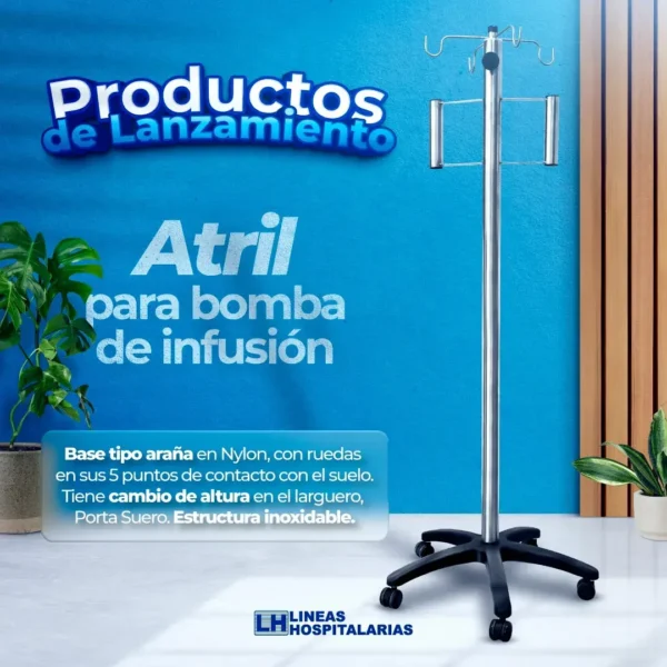 Atril Bomba de Infusión Inoxidable con Araña en Nylon y Ruedas