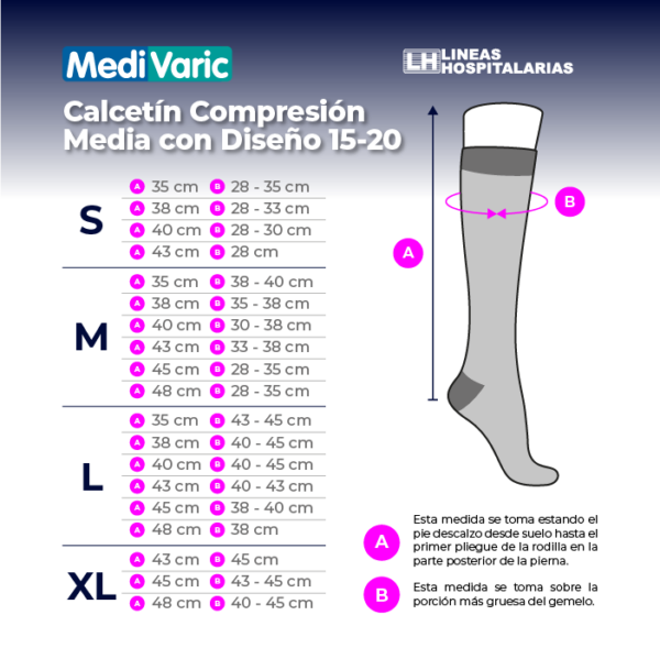 Tabla de medidas, Calcetín compresión media con diseño 15-20