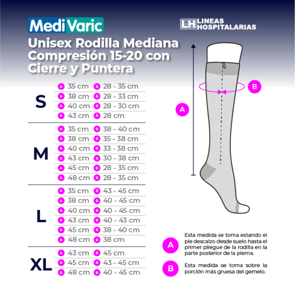 Tabla de medidas, Unisex rodilla mediana compresión 15-20